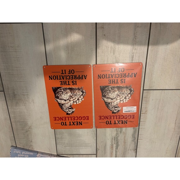 Unbranded Other - Set of 2 Chicken Eggcellence Metal Tin Signs Orange Farmhouse Kitchen Decor Wall